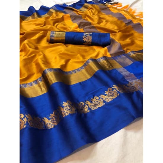 Spectacular Orange And Blue Color Designer Cotton Silk Saree Spectacular Orange And Blue Color Designer Cotton Silk Saree