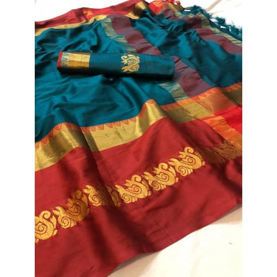 Estimable Rama And Red Color Designer Cotton Silk Saree Estimable Rama And Red Color Designer Cotton Silk Saree