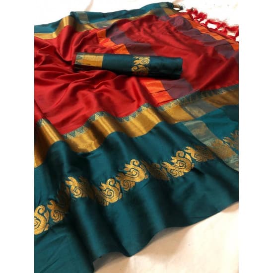 Flaunt Red And Rama Color Designer Cotton Silk Saree Flaunt Red And Rama Color Designer Cotton Silk Saree