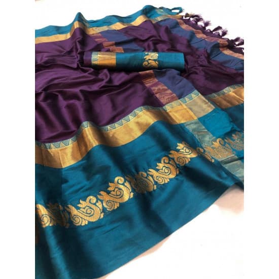 Sophisticated Wine And Rama Color Designer Cotton Silk Saree Sophisticated Wine And Rama Color Designer Cotton Silk Saree