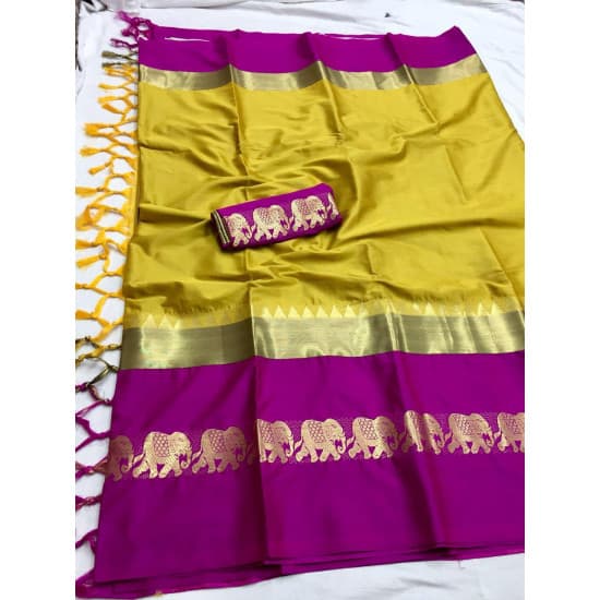 Buoyant Mustard And Pink Color Designer Cotton Silk Saree Buoyant Mustard And Pink Color Designer Cotton Silk Saree