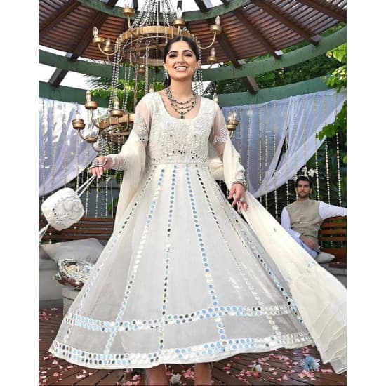 Dreamy White Color Paper Mirror With Embroidery Worked Top Bottom Dupatta Set Dreamy White Color Paper Mirror With Embroidery Worked Top Bottom Dupatta Set