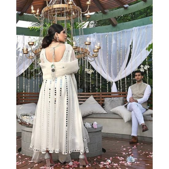 Dreamy White Color Paper Mirror With Embroidery Worked Top Bottom Dupatta Set Dreamy White Color Paper Mirror With Embroidery Worked Top Bottom Dupatta Set