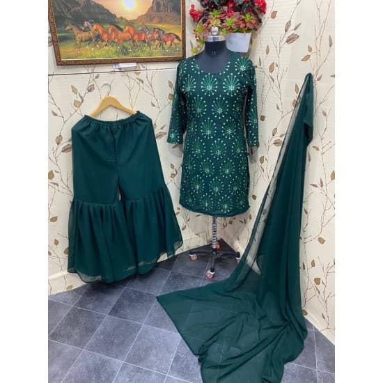 Graceful Bottle Green Color Embroidered Sharara Plazzo Graceful Bottle Green Color Embroidered Sharara Plazzo