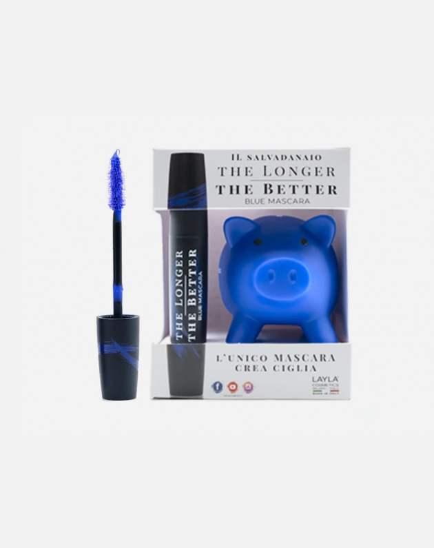 mascara crea ciglia the logner the better colore blu con salvadanaio omaggio layla cosmetics milano italy

