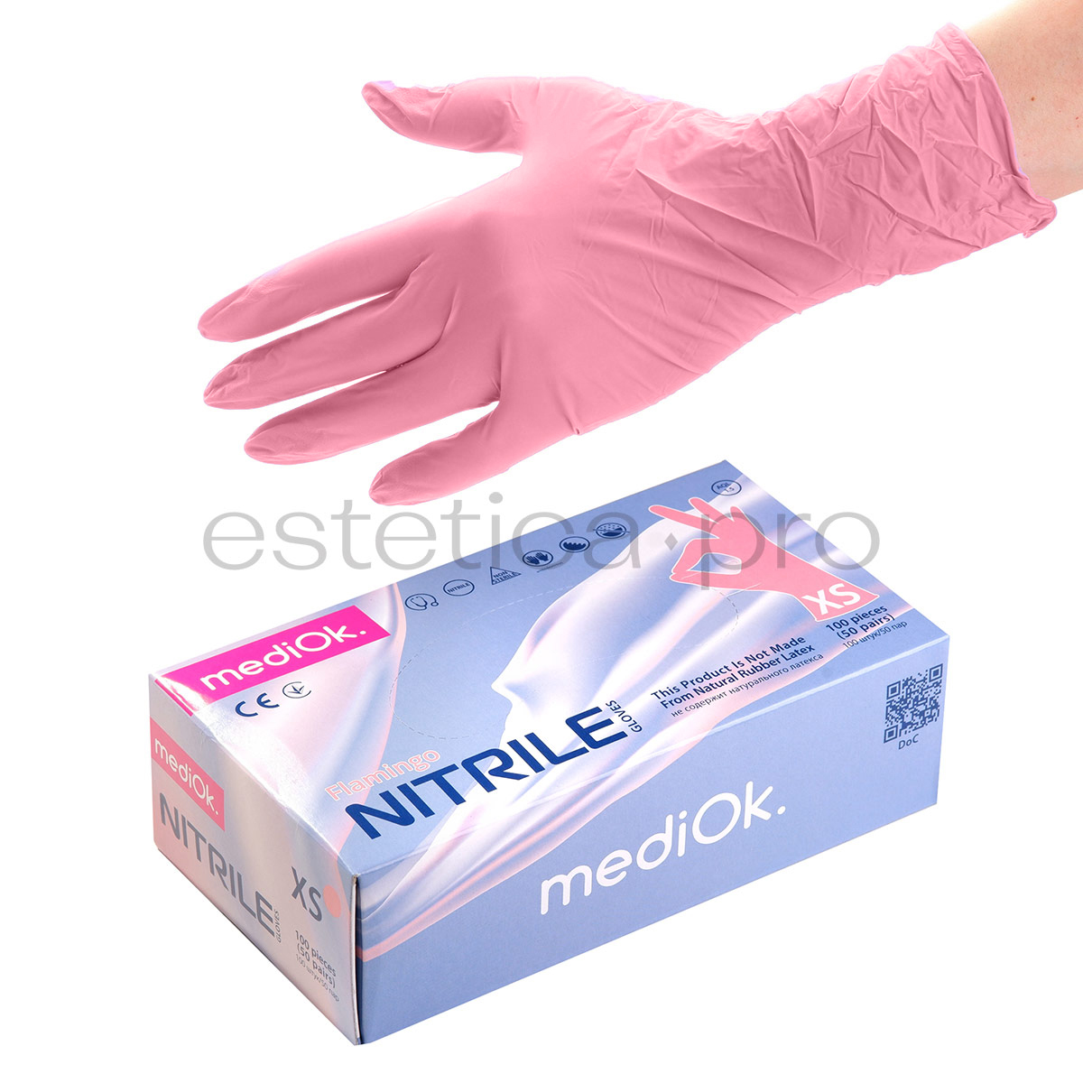 Перчатки нитриловые MediOk, 50 пар XS, цвет розовый (фламинго)