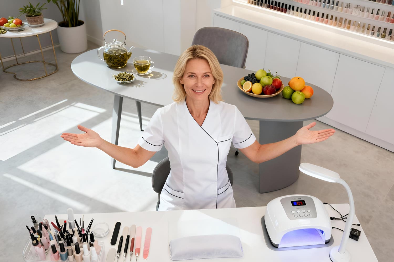 Мастер маникюра использует вытяжку MAX Ultimate X2 во время опила ногтей