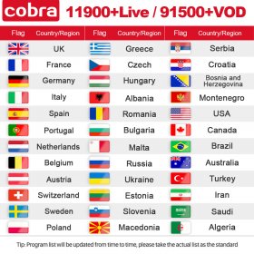 12 Months Cobra IPTV Full Europe UK French Arbaic IPTV Subscription 4K Full HD with XXX for M3u URL Android box