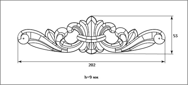 Декоративный элемент для мебели SY 09100 схематичное изображение с указанием размеров. Декоративный элемент для мебели SY 09100 схематичное изображение с указанием размеров.