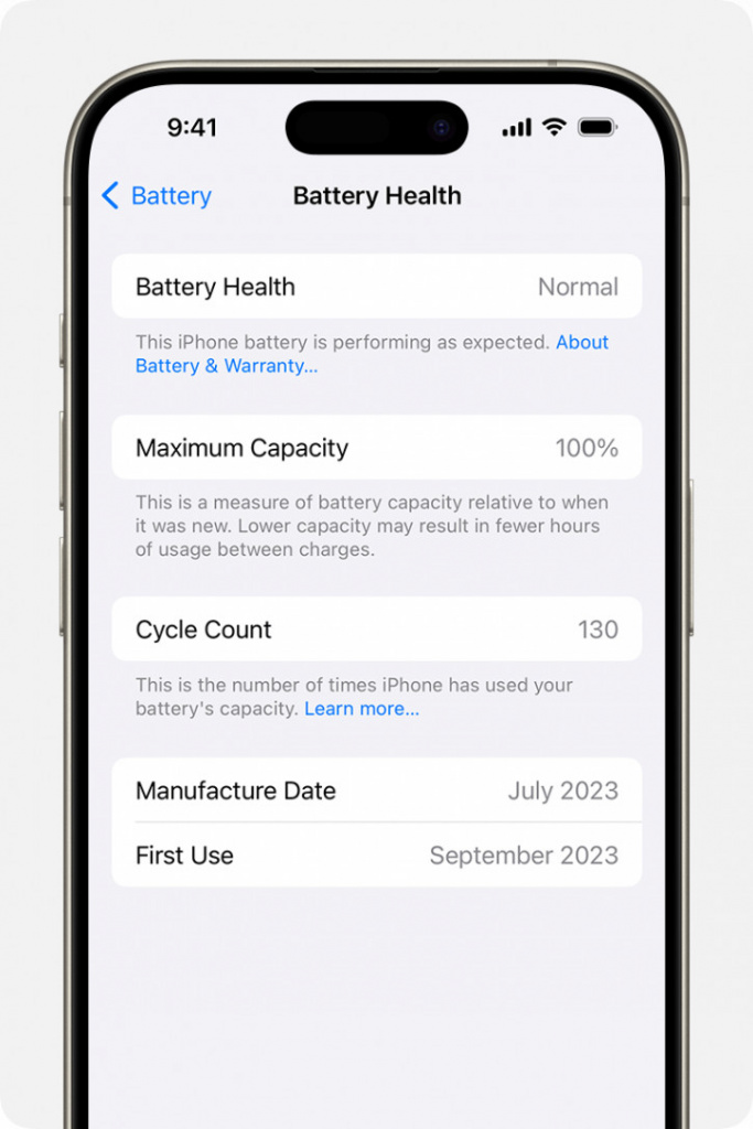 Изображение из настроек аккумулятора iPhone 15 с отображением циклов зарядки смартфона