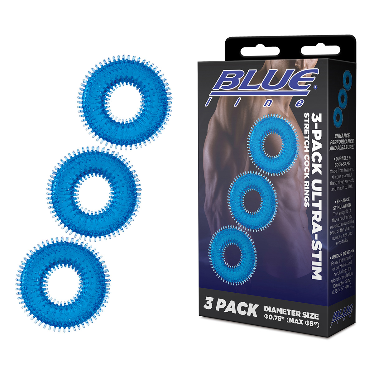 BlueLine эрекционные кольца Ultra-Stim Stretch Cock Rings 3 шт., Голубой