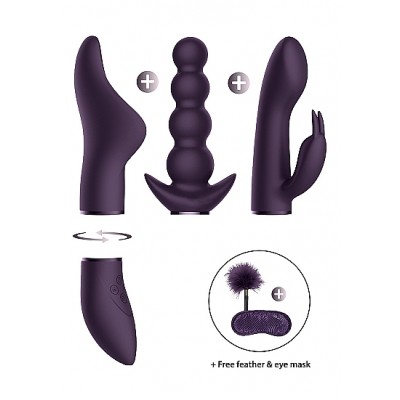 Vibratore Multifunzione in Silicone Viola Set 4 Pezzi con Piumino e Mascherina Switch N.6