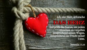 Jeremia 17,10 - Ich, der Herr, erforsche das Herz und prüfe die Nieren, um jedem einzelnen zu vergelten entsprechend seinen Wegen, entsprechend der Frucht seiner Taten. Jeremia 17,10 - Ich, der Herr, erforsche das Herz und prüfe die Nieren, um jedem einzelnen zu vergelten entsprechend seinen Wegen, entsprechend der Frucht seiner Taten.
