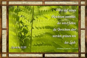 Sprüche 11,28 - Wer auf seinen Reichtum vertraut, der wird fallen; die Gerechten aber werden grünen wie das Laub. Sprüche 11,28 - Wer auf seinen Reichtum vertraut, der wird fallen; die Gerechten aber werden grünen wie das Laub.