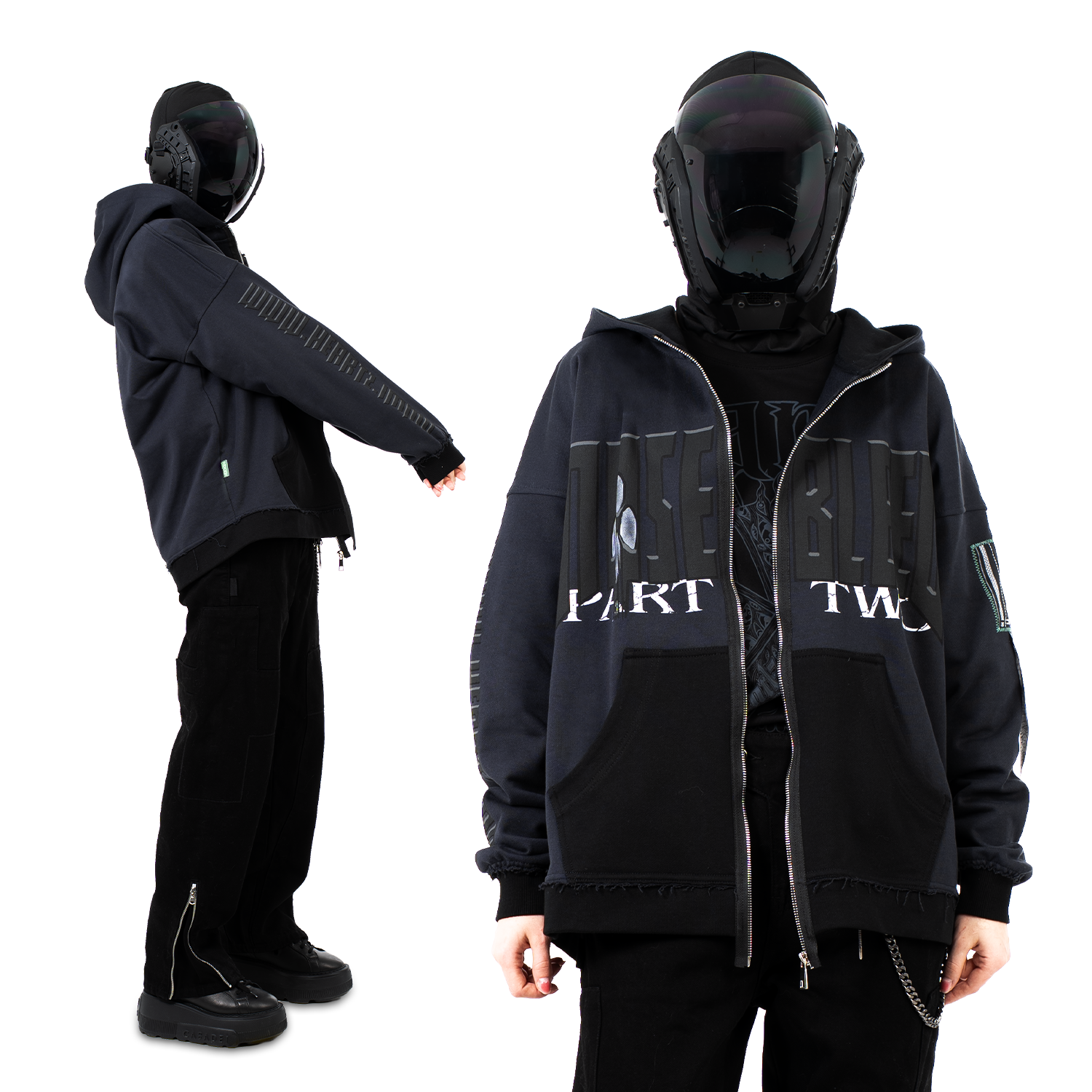 «PART-TWO:Dark» Two-Tone Distressed Zip-Hoodie