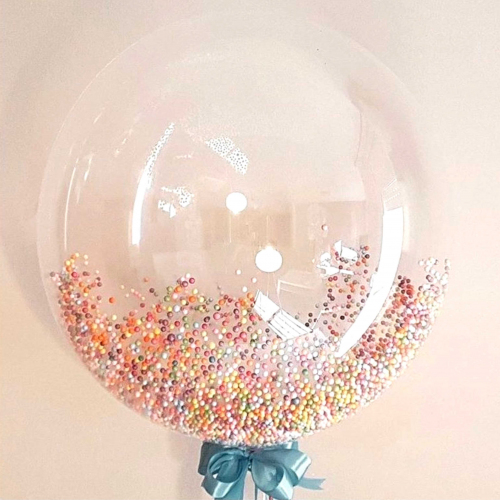 Большой гелиевый шар с пенопластом ассорти и надписью Заказ шаров с гелием с круглосуточной доставкой. Мимо Дутти, Москва