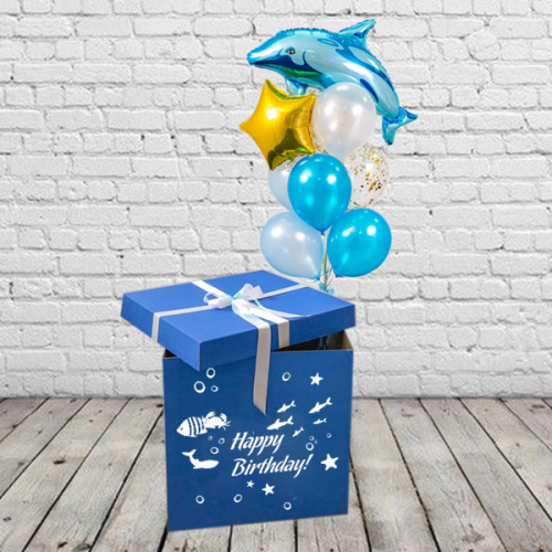 Коробка синяя с шарами Мимо Дутти Москва. Доставка 24/7