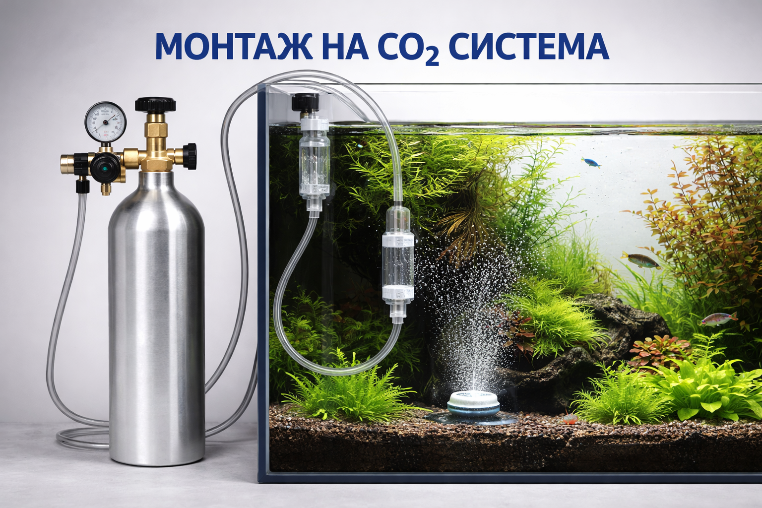 Монтаж на CO₂ система в растителен аквариум Пример за правилен монтаж на CO₂ бутилка с редуцир вентил и дифузор