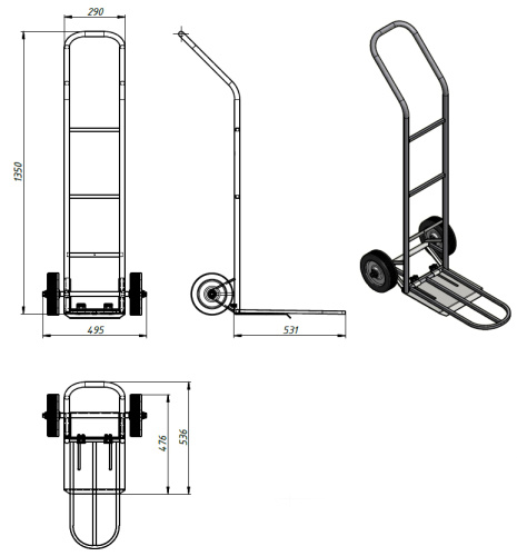 Тележка КГ 150 П с откидной полкой, колеса пневмо
