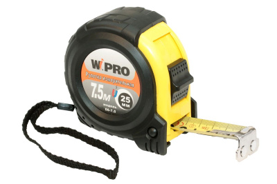 Рулетка WIPRO 7,5 м*25 мм, АБС-пластик + резина, односторонняя разметка, желтая матовая повер 06-7,5