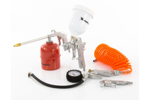 Набор пневмоинструмента, 5 предметов (быстросъемное соед., краскорасп. с верхним бачком) Matrix