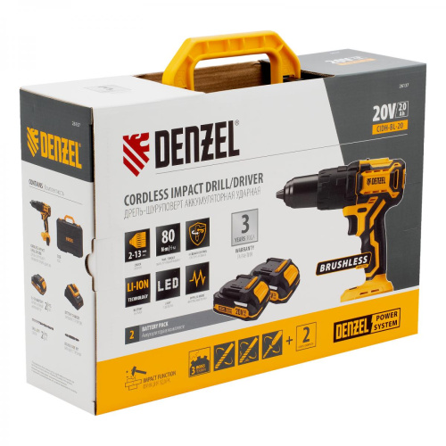 Дрель-шуруповерт аккумуляторная ударная бесщеточная Denzel CIDH-BL-20