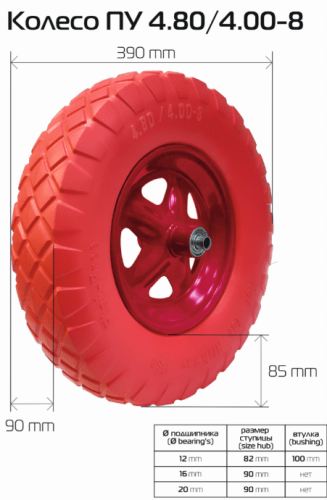 Колесо к строительной тачке бескамерное полиуретановое 4.80-8  400мм ось 12мм Колесо к строительной тачке бескамерное полиуретановое 4.80-8  400мм ось 12мм