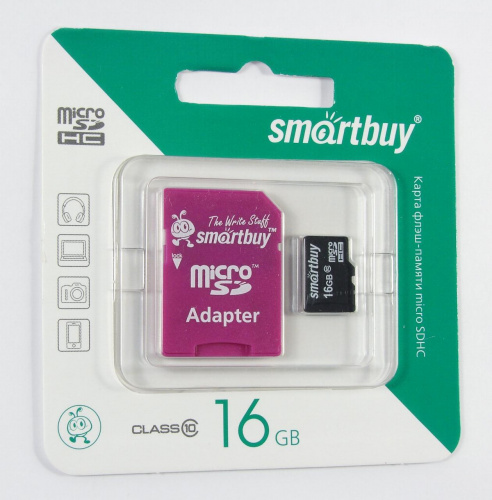 Ф/карта Микро SDHC 16 Гб класс 10 SmartBuy с адаптером