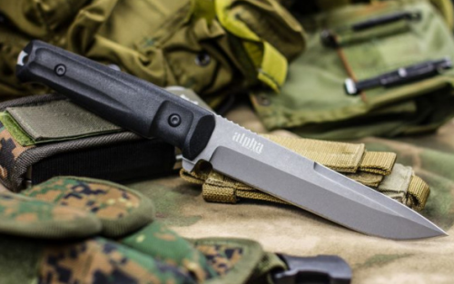 Нож АЛЬФА AUS-8 TW BKH (Рукоятка из черного кратона, черные ножны молле)Кизляр Экстрим