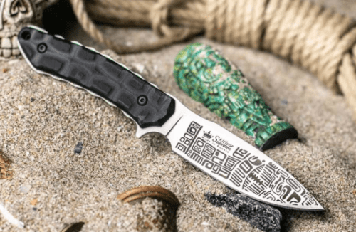 Нож АЦТЕКИ D2 SW G10-BH LS (СтоунВош, G10 Черная рукоятка, кожаные ножны) Кизляр Экстрим