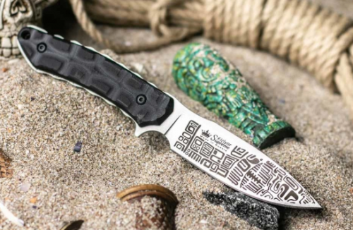 Нож АЦТЕКИ D2 SW G10-BH LS (СтоунВош, G10 Черная рукоятка, кожаные ножны) Кизляр Экстрим
