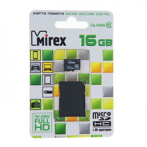 Ф/карта Микро SDHC 16 Гб класс 10 MIREX с адаптером