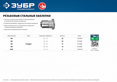 Купить ЗУБР М4, станд. бортик, 20 шт, стальные резьбовые заклепки с насечками, Профессионал (31318-04) в интернет-магазине zubr-vrn в Воронеже