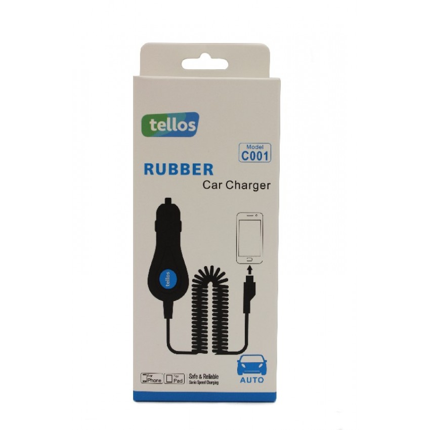 Car charger Tellos Auto lādētājs Tellos Rubber C001 Apple iPhone 5 / 5S / SE / 6 / 6S / 7/7 Plus / 8/8 Plus / X (1A) melns