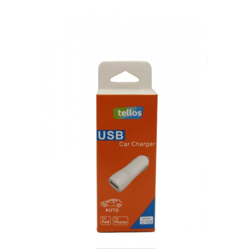 Car charger Tellos C102 with USB connector 1A white Auto lādētājs Tellos C102 ar USB savienotāju 1A balts