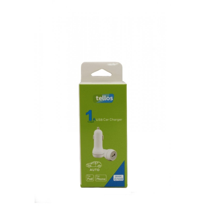 Car charger Tellos C109 with USB connector 1A white Auto lādētājs Tellos C109 ar USB savienotāju 1A balts