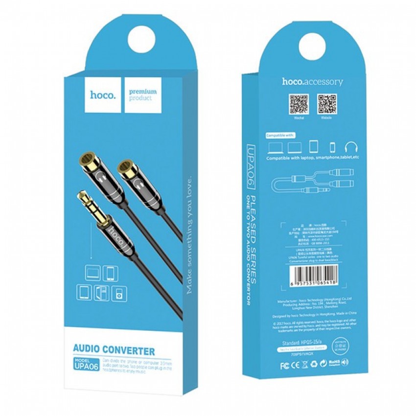 Audio splitter HOCO UPA06 from 3,5mm to 2x3,5mm black Audio splitter HOCO UPA06 from 3,5mm to 2x3,5mm black
