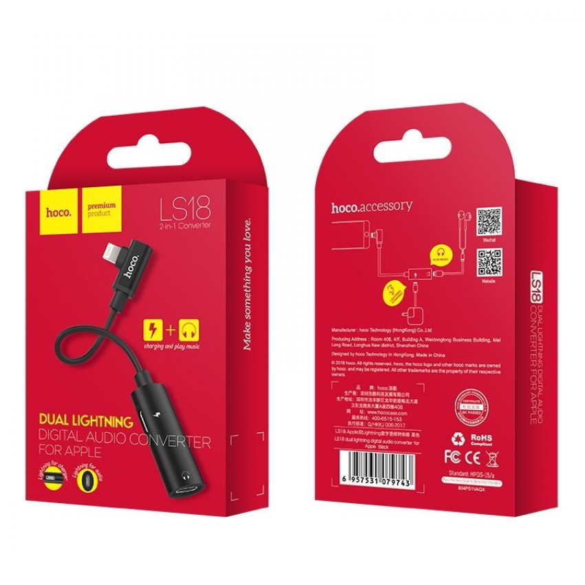 Adapter Dual Adapteris Dual lightning HOCO LS18 pelēks