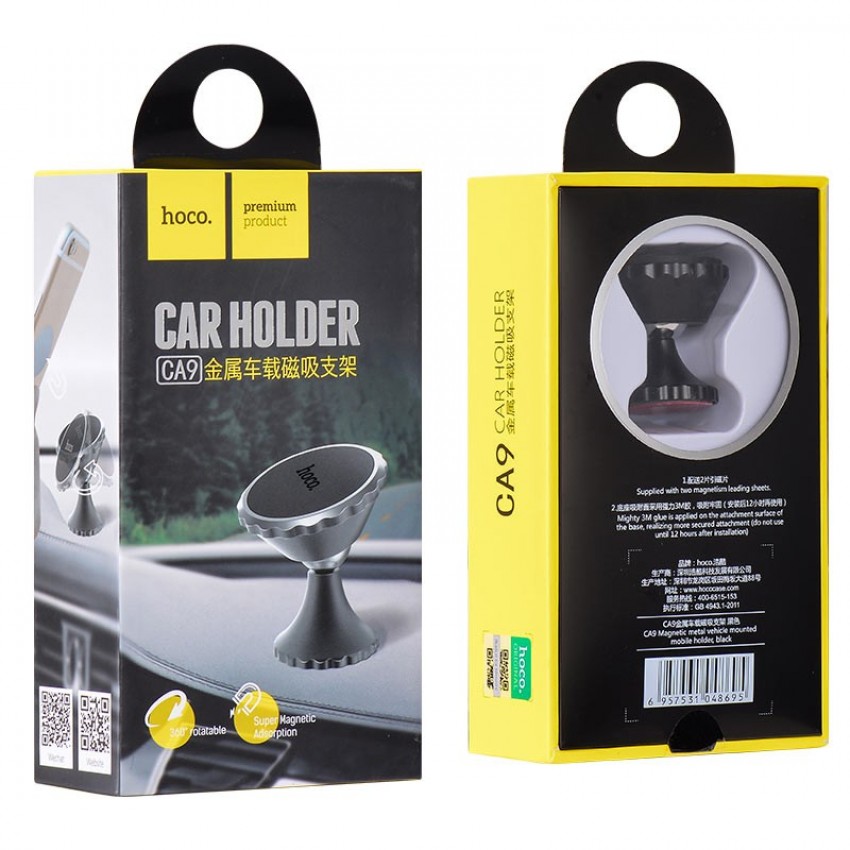 Universal car phone holder HOCO CA9 magnetic fixing, black Universāls automašīnas tālruņa turētājs HOCO CA9 magnētiskā fiksācija, melns