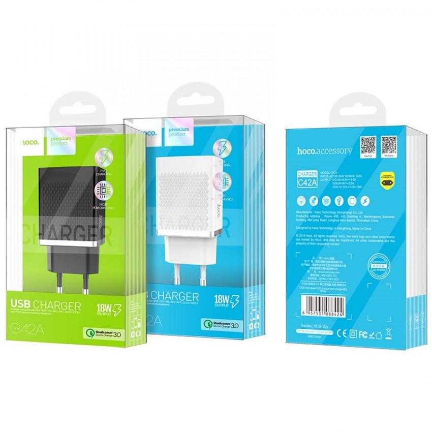 Charger HOCO C42A Vast power QC3.0 USB 18W (3.6V-6.5V/3A, 6.6V-9V/2A, 9.1V-12V/1.5A) black Lādētājs HOCO C42A Lieljaudas QC3.0 USB 18W (3.6V-6.5V / 3A, 6.6V-9V / 2A, 9.1V-12V / 1.5A) melns