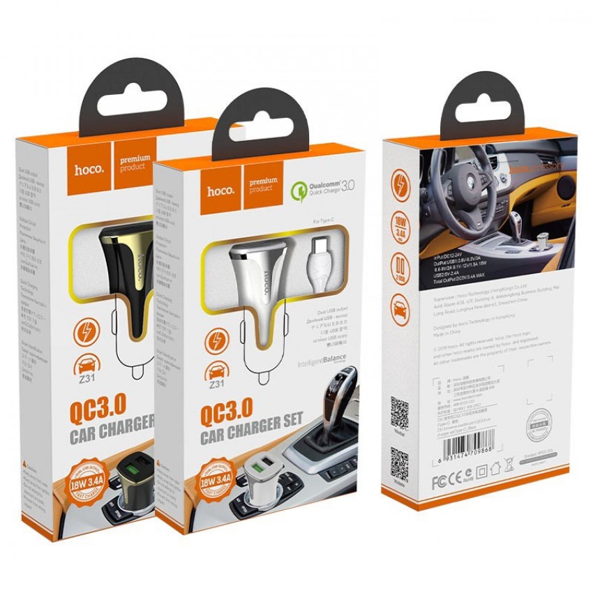 Car charger HOCO Z31 USB + Auto lādētājs HOCO Z31 USB + lightning QuickCharge (3.0A) melns