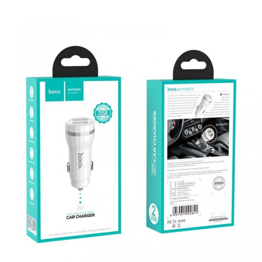 Car charger HOCO Z27 USB + Auto lādētājs HOCO Z27 USB + lightning (5V 2.4A) balts