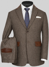 Vintage Dark Brown Herringbone Tweed Suit - Leather Trims