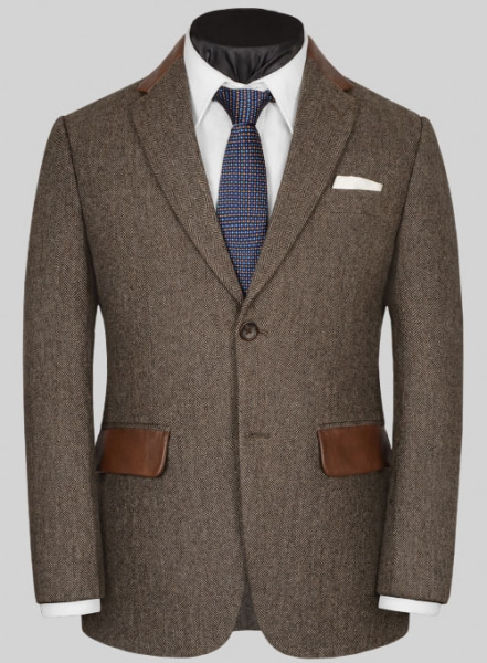 Vintage Dark Brown Herringbone Tweed Suit - Leather Trims