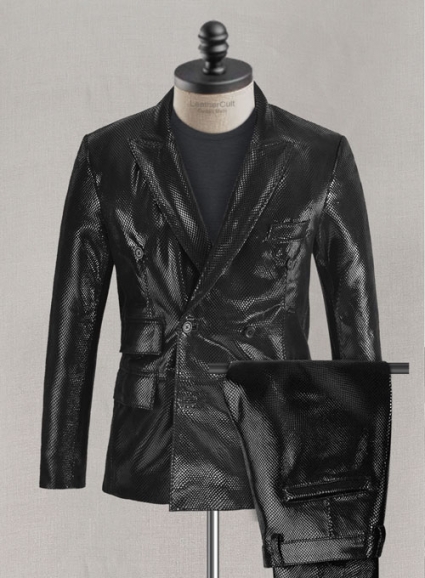 Snake Embossed Black Double Breasted Leather Suit