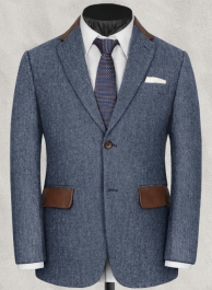 Vintage Herringbone Blue Tweed Jacket - Leather Trims