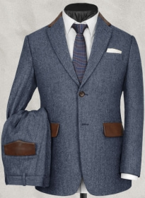 Vintage Herringbone Blue Tweed Suit - Leather Trims