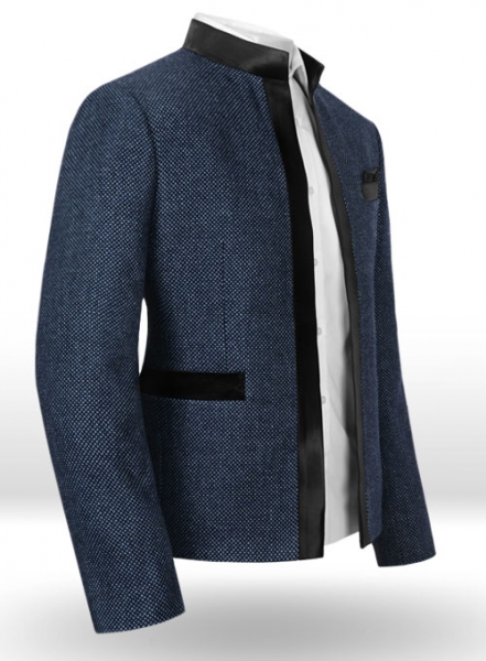 Blue Honey Comb Tweed Nehru Tuxedo Jacket