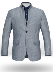 Italian Celeste Blue Linen Mandarin Style Jacket