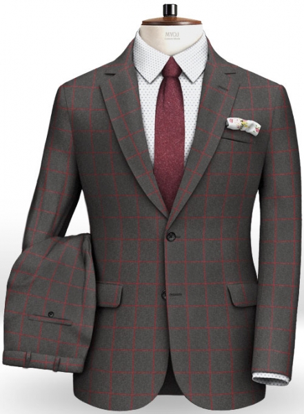 Charcoal Red Windowpane Flannel Wool Suit